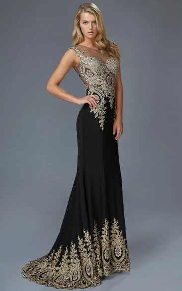 Sheath Bateau Sleeveless Floor-length/Sweep/Brush Train Jersey Prom Dress with Illusion and Appliques
