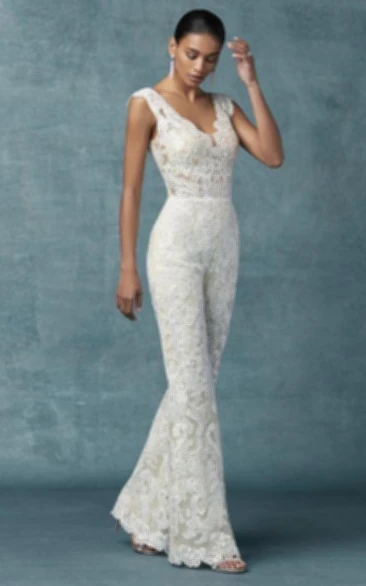 V neck Sleeveless Empire Lace Bridal Jumpsuit with Overskirt