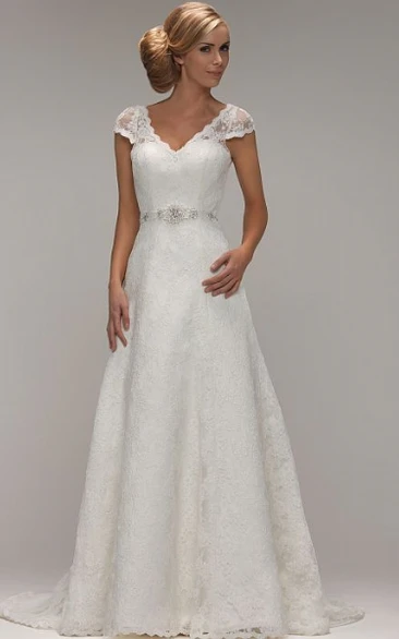 Cap-sleeve V-neck A-line Lace Wedding Dress With Jeweled Waist