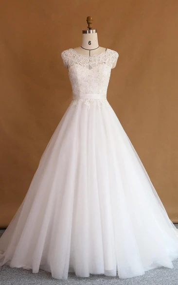 Lace Rhinestone Appliqued Illusion Ball-Gown Princess Dress