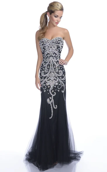 Sheath Sweetheart Sleeveless Floor-length Tulle Formal Dress with Low-V Back and Beading