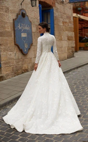 Modest High-neck Long Sleeve A-line Ball Gown Wedding Dress