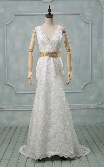 Lace Satin Ribbon Crystal Deep-V-Back V-Neckline Dress