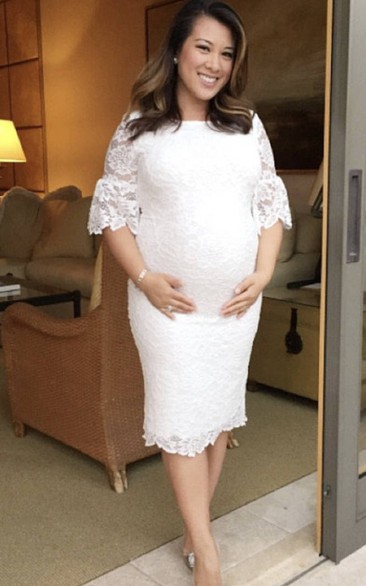 Jewel Half Sleeve Lace Pleated Maternity Dress