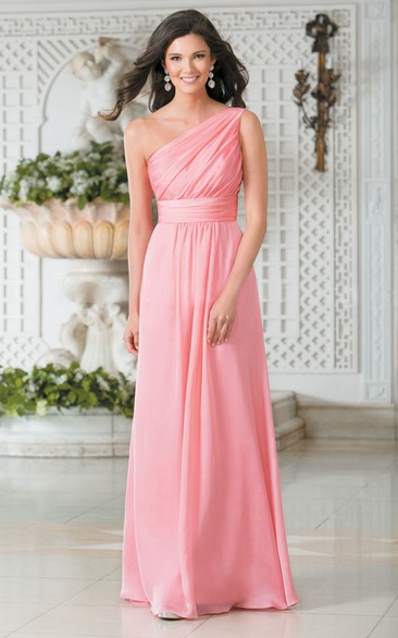 A-line One-shoulder Sleeveless Floor-length Chiffon Bridesmaid Dress with Straps and Ruching