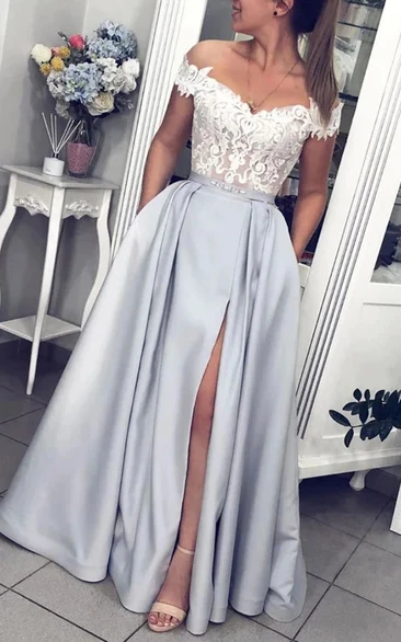 Off-the-shoulder Lace Front Split Two-Tone A-line Prom Dress