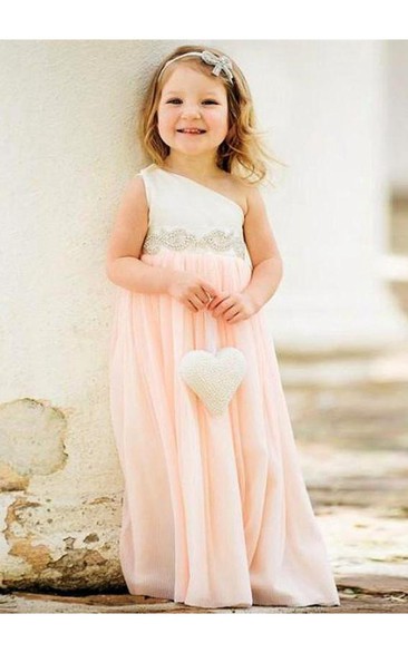 Chiffon Pearls One-Shoulder Delicate Flower Girl Dress