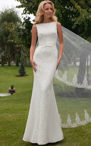 Sheath Jewel Sleeveless Floor-length Lace Wedding Dress with Low-V Back and Ribbon
