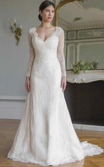 A-line V-neck Long Sleeve Floor-length Lace Wedding Dress with Illusion