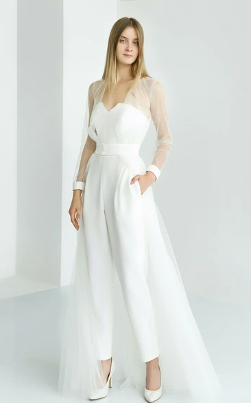 Two piece Tulle bridal cover up and stretch crepe wedding jumpsuit with pockets