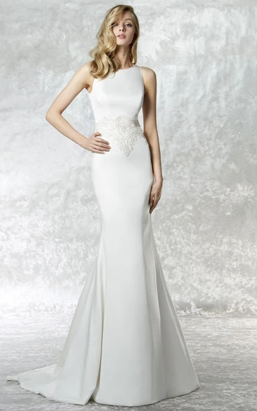 Sheath High Neck Sleeveless Floor-length Jersey Wedding Dress with Keyhole and Appliques