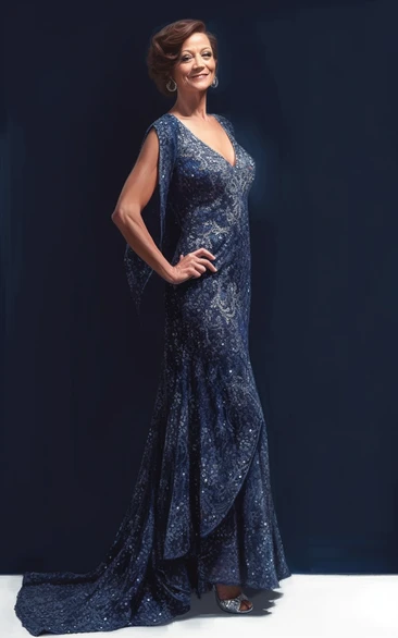 V-neck Sheath Sequin Dark Navy Beaded Mother of Bride Dress
