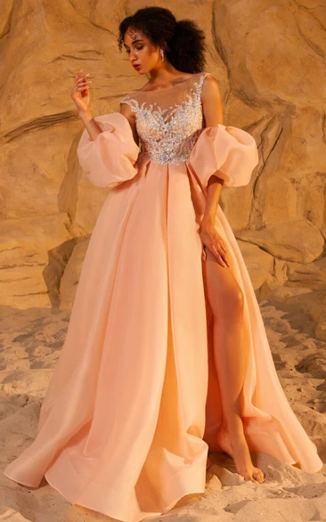 Bateau-neck Front Split A-line Ball Gown Evening Dress with Illusion Beaded Top
