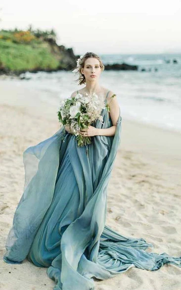 Spaghetti Chiffon Casual Beach Blue Bridesmaid Wedding Dress