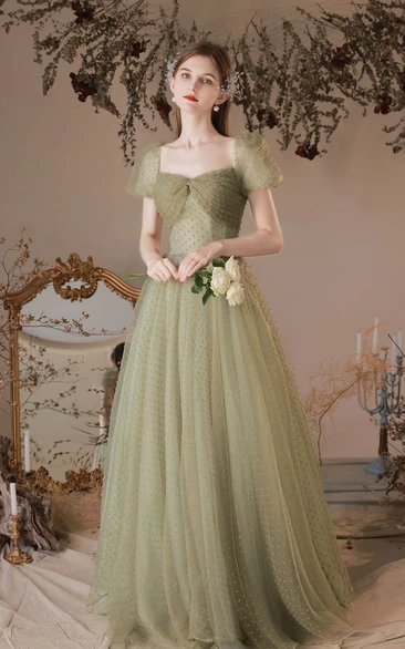 Romantic Cap Sleeve Green Dot Tulle Ball Gown Dress with Ruching and Beading