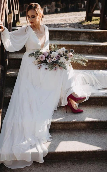 Long Sleeve Plunged Simple Solid Empire Chiffon Wedding Dress
