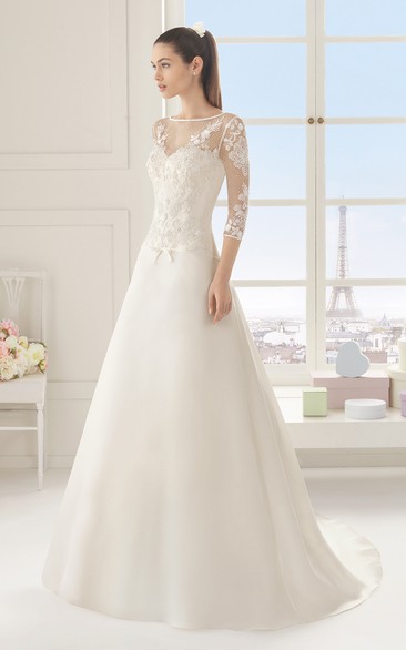 Bateau Illusion 3-4-sleeve A-line Wedding Dress With Appliques And Court Train