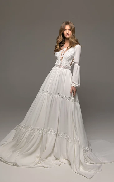Bohemian Chiffon Long Sleeve Low-v Back A-line Wedding Dress with Applique