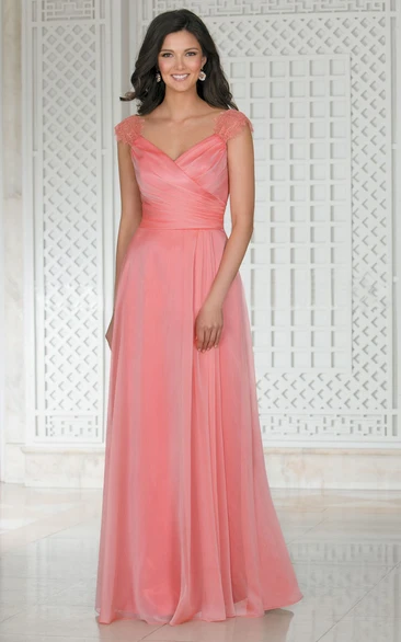 A-line V-neck Cap-Sleeve Floor-length Chiffon Bridesmaid Dress with Criss cross and Draping