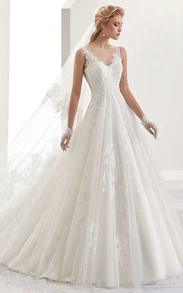 Ball Gown Bateau Sleeveless Floor-length Lace/Tulle Wedding Dress with Illusion and Appliques