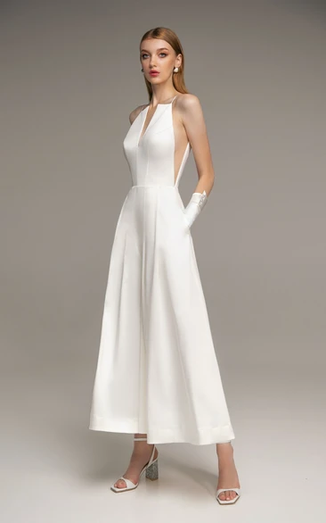 Spaghetti Straps V Neck Reception Minimalist Civil wedding Jumpsuit with Pockets