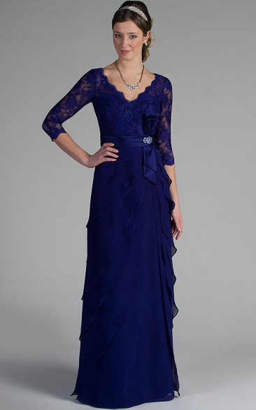 Sheath V-neck 3/4 Length Sleeve Floor-length Lace/Chiffon Mother Of The Bride Dress with Illusion and Draping