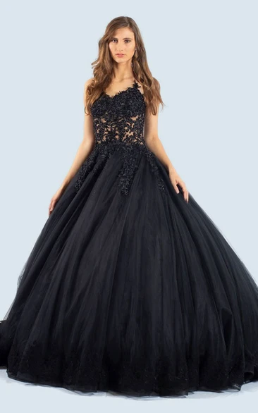 Gothic Black Ball Gown Sweetheart Neckline Sleeveless Tulle Wedding Dress with Appliques and Ruching