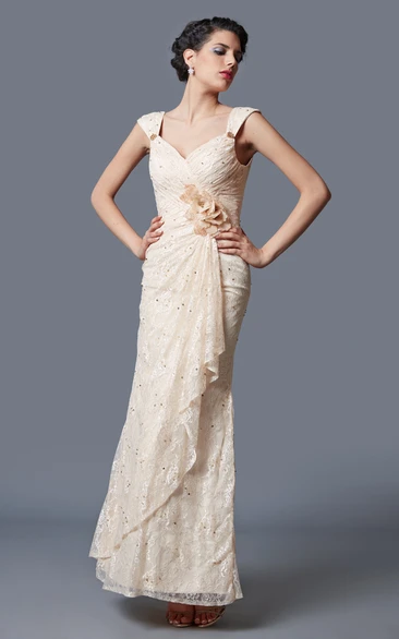 Form-Fitted Floral Cap-Sleeve Exquisite Gown