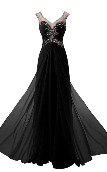 Jeweled Illusion Inspire Long Cap-Sleeved Gown