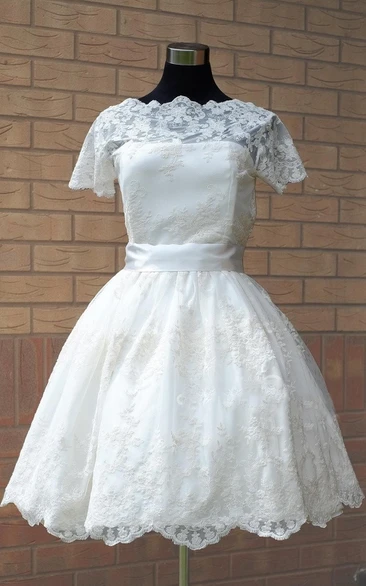 Wedding Sash Illusion Sleeve Short Scalloped Gown