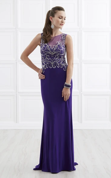 Jewel-Neck Sleeveless Jersey long Prom Dress With Beading And Illusion