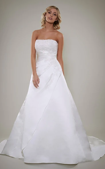 A-line Straight Across Sleeveless Floor-length Satin Wedding Dress with Corset Back and Side Draping