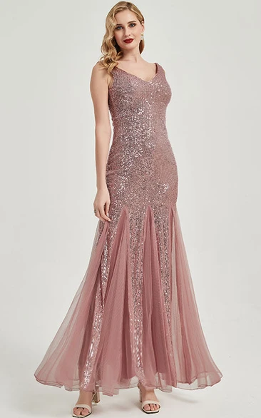 Sequin Blush Pink Floor-length Pleated Party Prom Dress