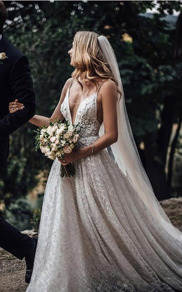 Sexy Plunged Spaghetti Embroidery Pleated Beaded Wedding Dress with Crystal Detailings