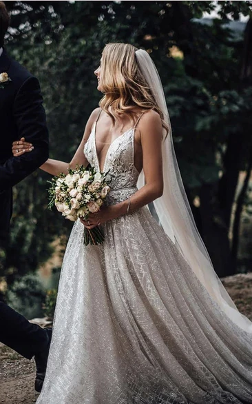 Sexy Plunged Spaghetti Embroidery Pleated Beaded Wedding Dress with Crystal Detailings