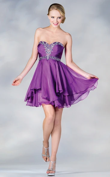 A-Line Chiffon Draping Jeweled Short Mini Strapless Sweetheart Sleeveless Dress