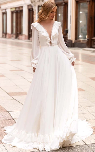 Plunged Chiffon Long Sleeve A-line Beaded Wedding Dress with Watteau Train and Ruffle