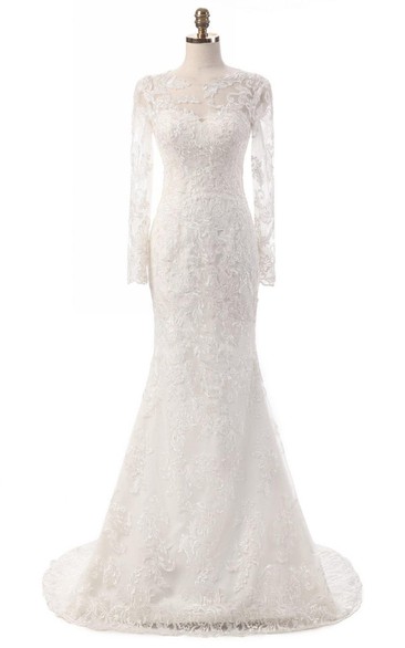 Tulle Appliqued Bridal Long-Sleeve Trumpet Lace Dress