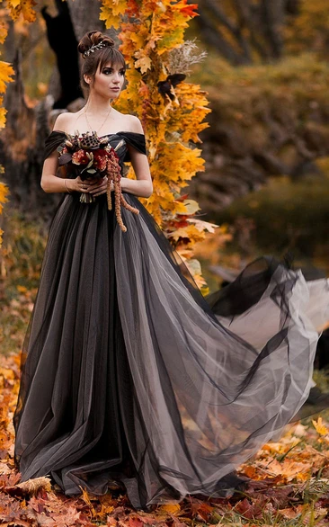 Gothic Off the Shoulder Court Train Tulle Wedding Dress with Ruching and Criss Cross