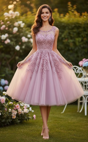 Pearl Appliqué Tea-Length Dress