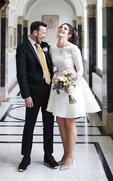 Knee Length 3/4 Sleeve Satin Wedding Dress With Bateau Neckline And Ruching