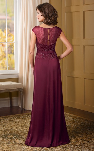 V-neck Cap-sleeve Sheath Jersey Dress With Lace And Beading - Dress Afford