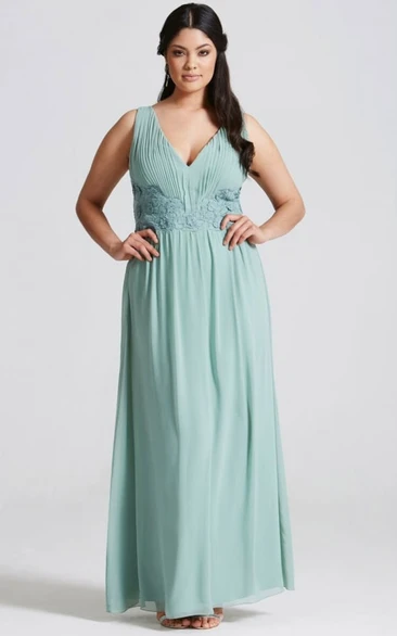 V-Neck Appliqued Sleeveless Chiffon Bridesmaid Dress With Ruching And Straps