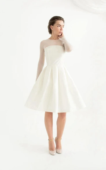 Jewel-Neck Illusion Long Sleeve Satin short A-line Wedding Dress
