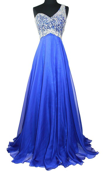 One-shoulder Sleeveless Pleated Prom Dress With Beading