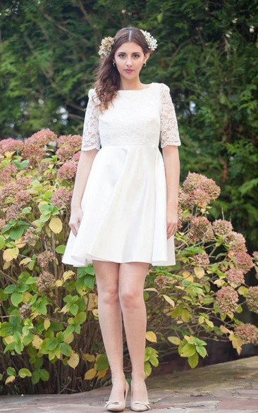 Court-Train Satin Long-Sleeve Short Bridal Lace Dress