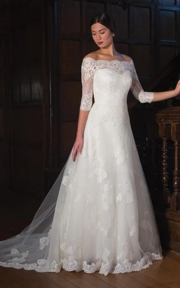 A-line Off-the-shoulder 3/4 Length Sleeve Floor-length Lace/Tulle Wedding Dress with Illusion and Appliques