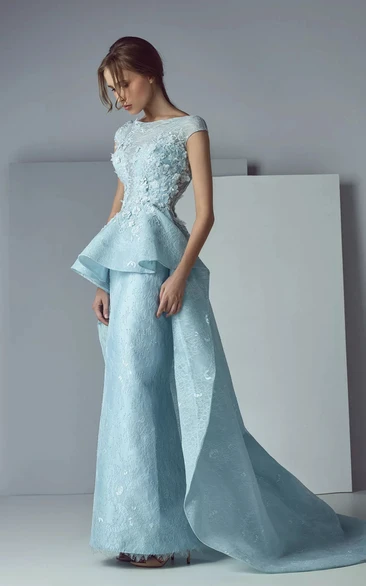 Sky Blue Sheath Lace Applique Formal Peplum Evening Dress