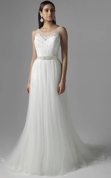 A-line Scoop Sleeveless Floor-length Tulle Wedding Dress with Illusion and Waist Jewellery
