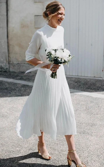 Half-sleeve Jewel-neck Tea-length Casual Keyhole Pleated Wedding Dress
